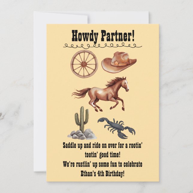 Invitación Watercolor Western Kid Art Tan (Anverso)