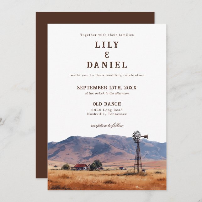 Invitación Watercolor Western Mountain Cowboy Ranch Wedding (Anverso / Reverso)