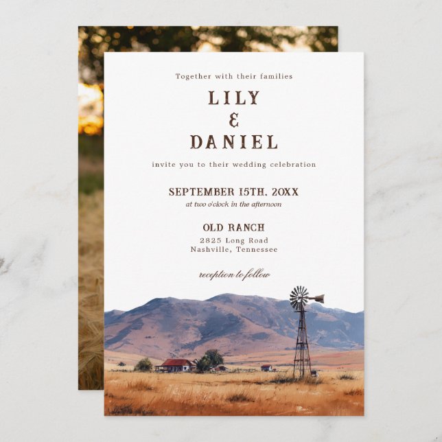 Invitación Watercolor Western Mountain Ranch Photo Wedding (Anverso / Reverso)