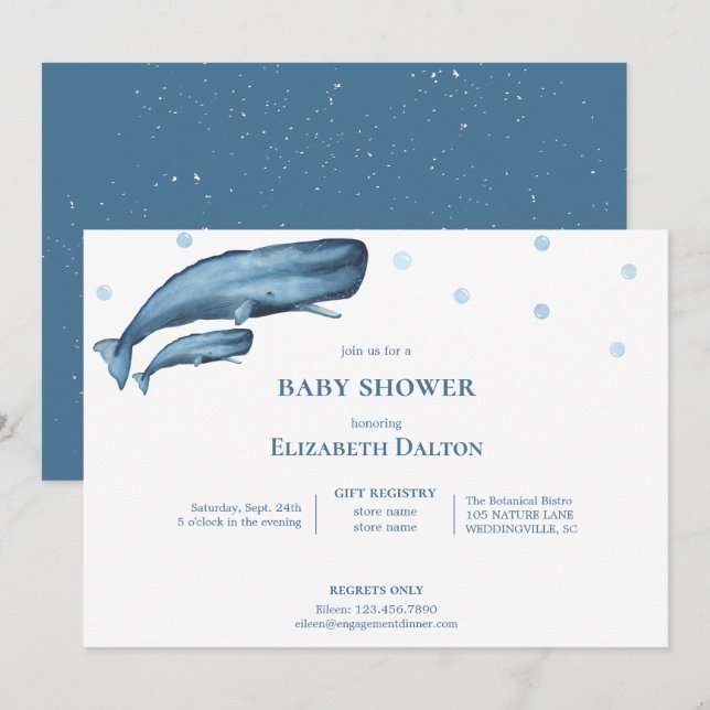 Invitación Watercolor Whales Ocean Baby Shower (Anverso / Reverso)