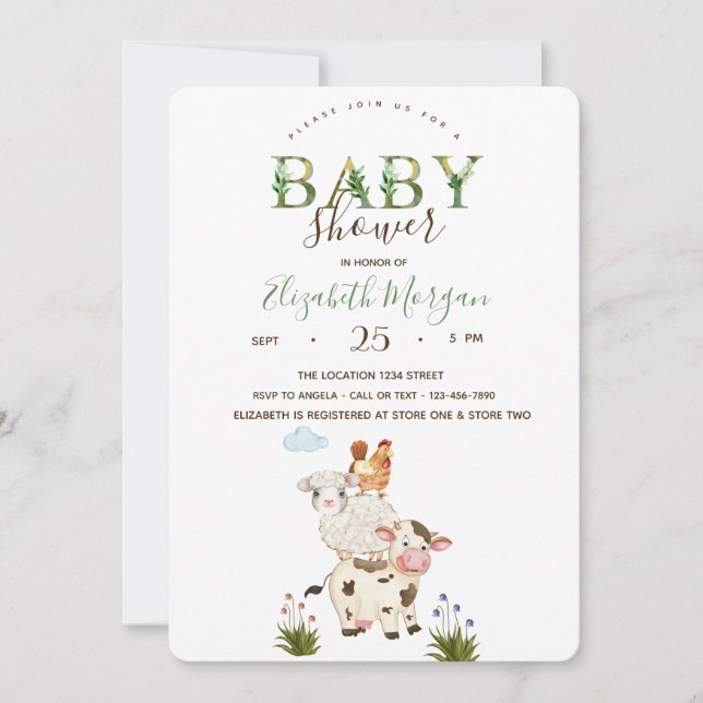 Invitación Watercolor Whimsical Farm Animals Baby Shower (Anverso)