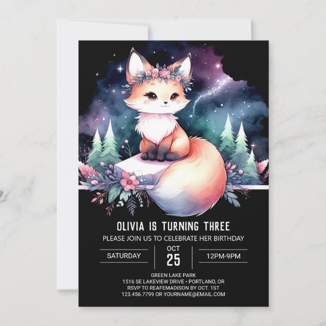 Invitación Watercolor Whimsical Fox Birday digital (Anverso)