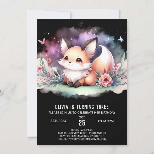 Invitación Watercolor Whimsical Fox Birday digital (Anverso)