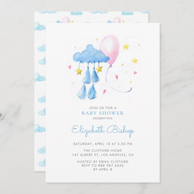 Invitación Watercolor Whimsical Sky Cute Baby Shower (Anverso / Reverso)