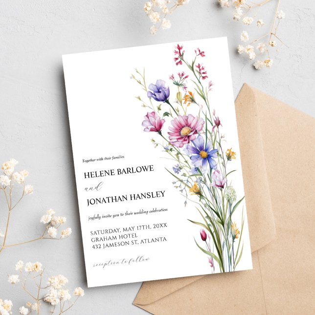 Invitación Watercolor Whimsical Wildflower Elegante Boda (Watercolor Whimsical Wildflower Elegant Wedding Invitation)