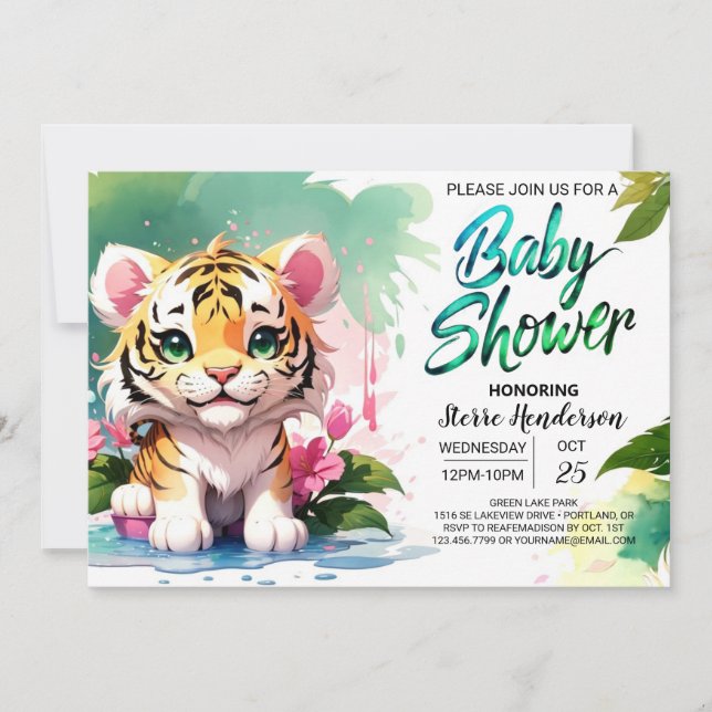 Invitación Watercolor Whiskers Tiger Baby Shower (Anverso)