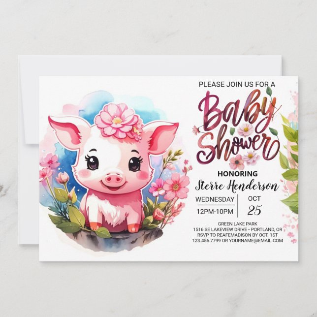 Invitación Watercolor Whispers Farm Pig Baby Shower (Anverso)