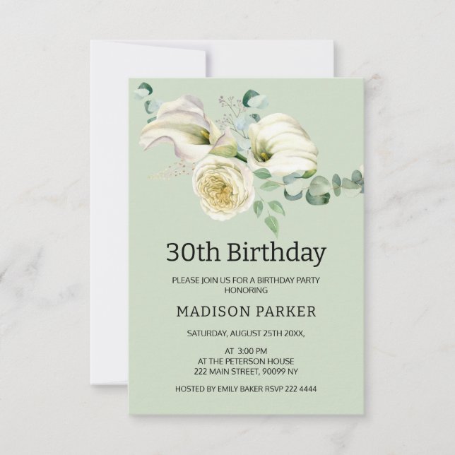 Invitación Watercolor White Calla Lilies Bouquet Cumpleaños (Anverso)