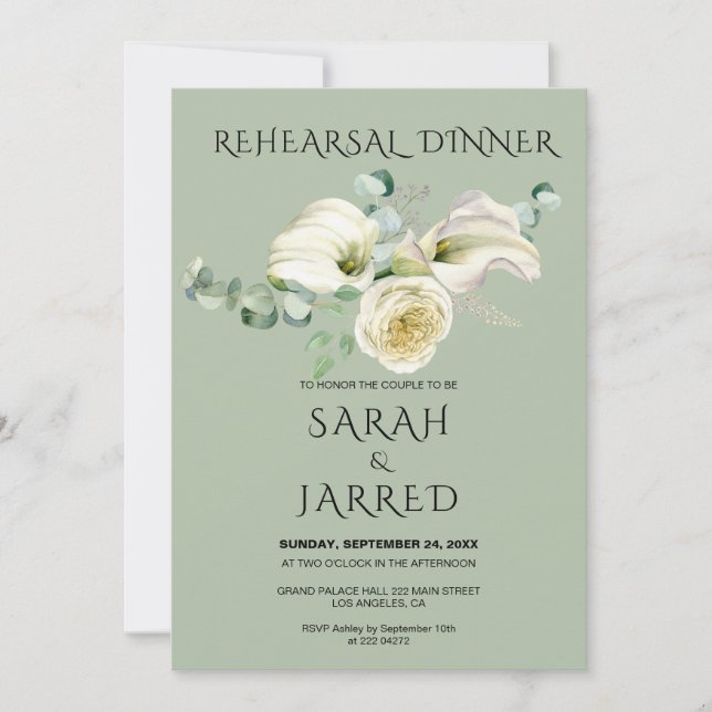 Invitación Watercolor White Calla Lilies Ensayo Bouquet (Anverso)