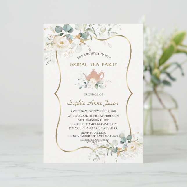 Invitación Watercolor White Floral Gold Bridal Tea Fiesta (Anverso de pie)
