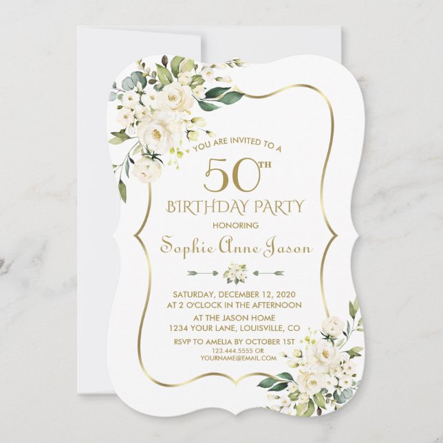 Invitación Watercolor White Floral Gold Frame 50 cumpleaños (Anverso)