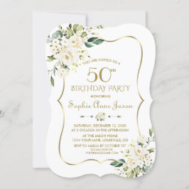 Invitación Watercolor White Floral Gold Frame 50 cumpleaños