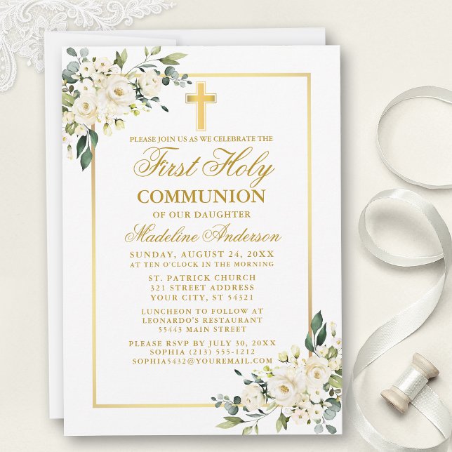 Invitación Watercolor White Floral Gold Primera Comunión (Customize to change text color, size, style or to add photos or more text to back of card.)