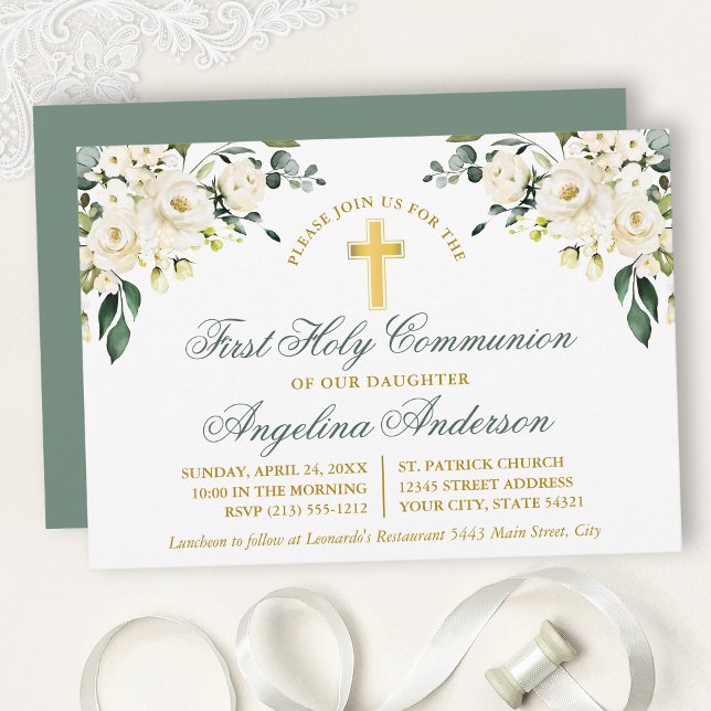 Invitación Watercolor White Floral Sage Green Gold  (Customize to change text color, size, style or to change color of back of card.)