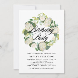 Invitación Watercolor White Hydrangea Wreath Birday Party
