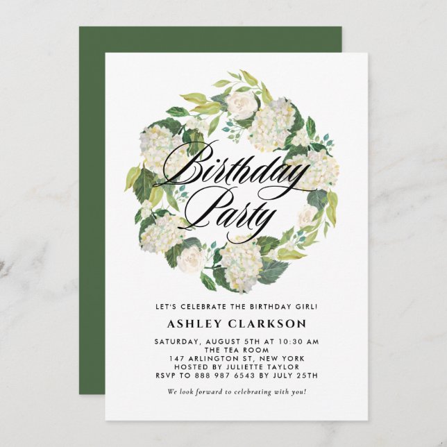 Invitación Watercolor White Hydrangea Wreath Birday Party (Anverso / Reverso)