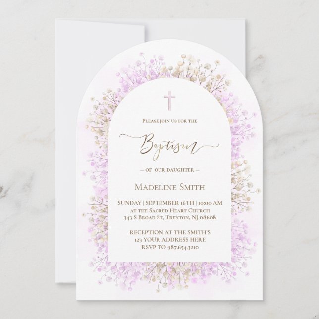 Invitación watercolor white lilac flowers Baptism (Anverso)