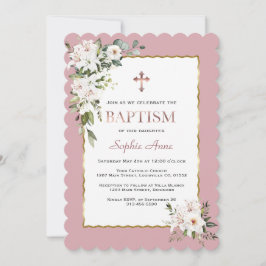 Invitación Watercolor White Lilies Rosa Bautismo Chica Oro