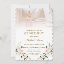 Invitación Watercolor White Magnolia Photo Chica Primer cumpl