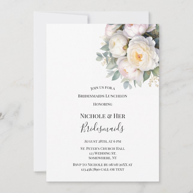 Invitación Watercolor White Peonies Bridesmaids Luncheon (Anverso)
