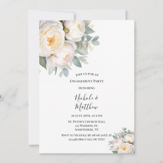 Invitación Watercolor White Peonies Engagement Party (Anverso)