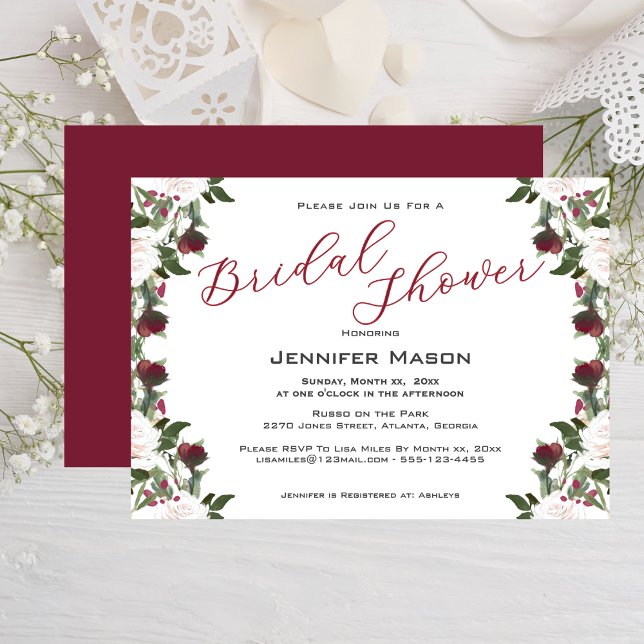 Invitación Watercolor White Roses Cranberry Bridal Shower  (Watercolor White Roses Cranberry Bridal Shower Invitation)