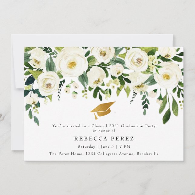 Invitación Watercolor White Roses Greenery Graduation Party (Anverso)