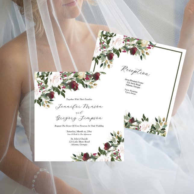 Invitación Watercolor White Roses With Cranberry Flowers (Watercolor White Roses With Cranberry Flowers Invitation)