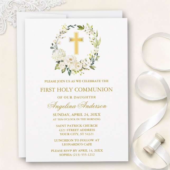 Invitación Watercolor White Roses Wreath Gold Communion (Customize to change text size, text style or color.)