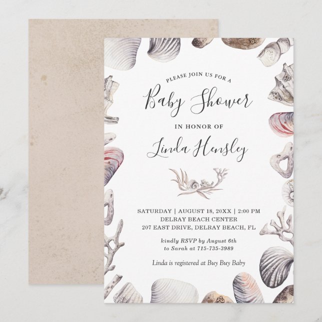 Invitación Watercolor White Sea Shell Beach Baby Shower (Anverso / Reverso)