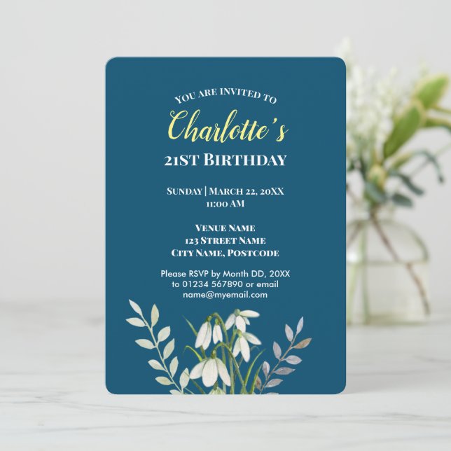 Invitación Watercolor White Snowdrop Ilustracion Cumpleaños I (Anverso de pie)