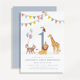 Invitación Watercolor Wild Animals First Birthday