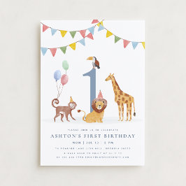 Invitación Watercolor Wild Animals First Birthday
