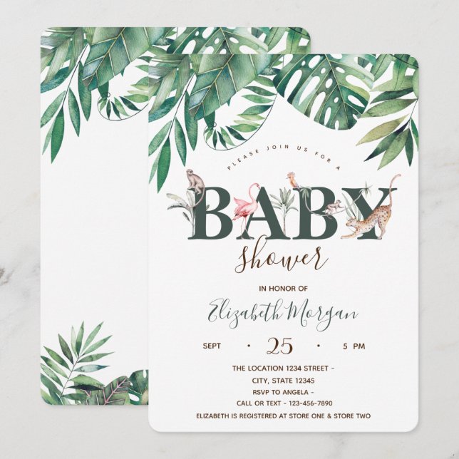 Invitación Watercolor Wild Animals Palm Leaf Baby Shower (Anverso / Reverso)