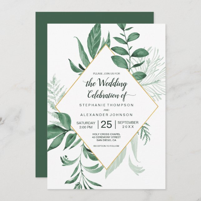 Invitación Watercolor Wild Leaves Hunter Green Boda (Anverso / Reverso)