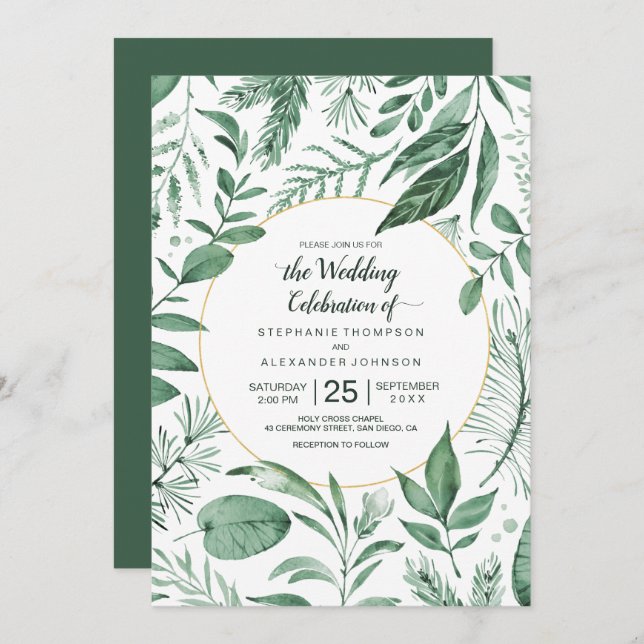 Invitación Watercolor Wild Leaves Hunter Green Boda (Anverso / Reverso)