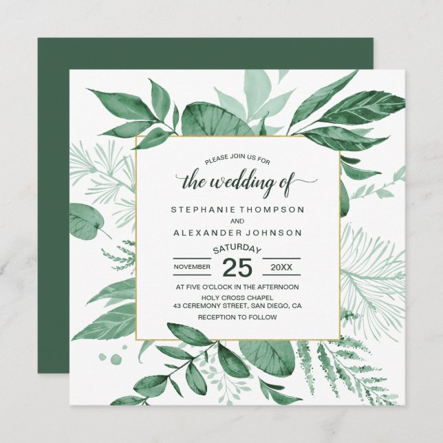 Invitación Watercolor Wild Leaves Hunter Green Boda (Anverso / Reverso)