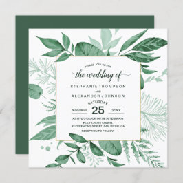 Invitación Watercolor Wild Leaves Hunter Green Boda