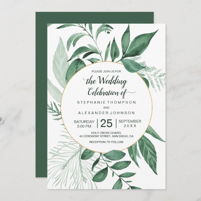 Invitación Watercolor Wild Leaves Hunter Green Boda (Anverso / Reverso)