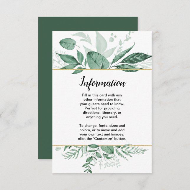 Invitación Watercolor Wild Leaves Hunter Green Boda (Anverso / Reverso)