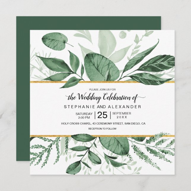 Invitación Watercolor Wild Leaves Hunter Green Boda (Anverso / Reverso)