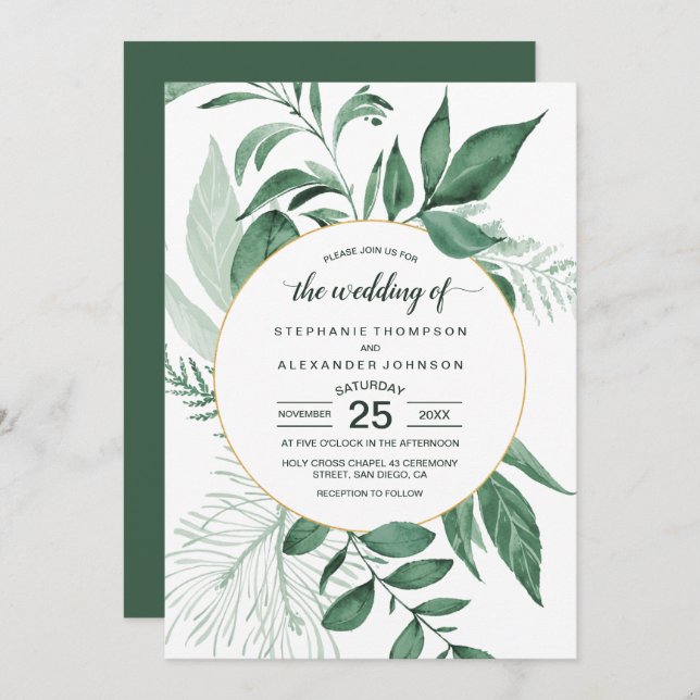 Invitación Watercolor Wild Leaves Hunter Green Boda (Anverso / Reverso)