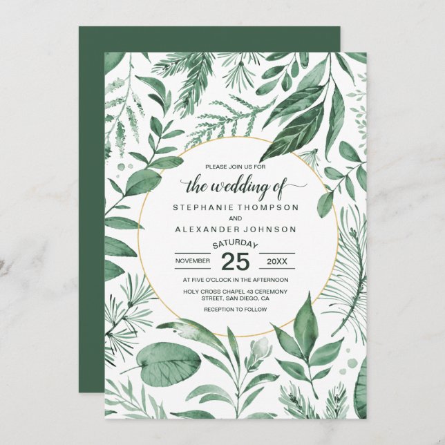 Invitación Watercolor Wild Leaves Hunter Green Boda (Anverso / Reverso)
