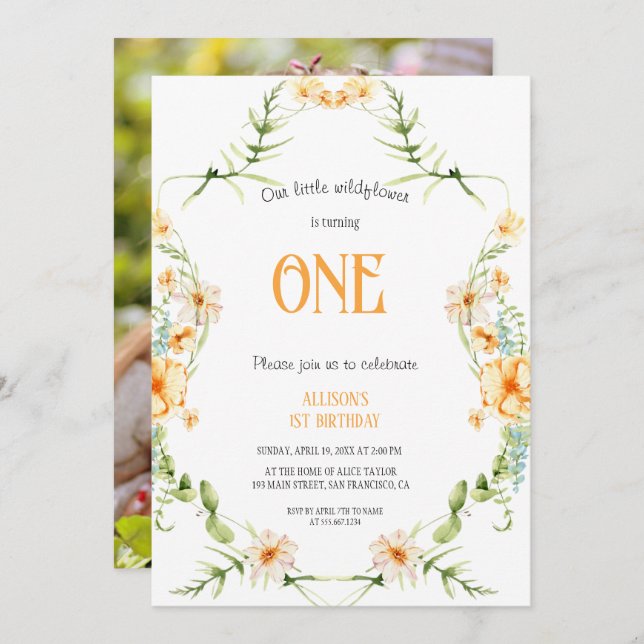 Invitación Watercolor Wildflower 1st Birthday Mauve Girl  (Anverso / Reverso)