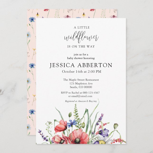 Invitación Watercolor Wildflower Baby Shower (Anverso / Reverso)