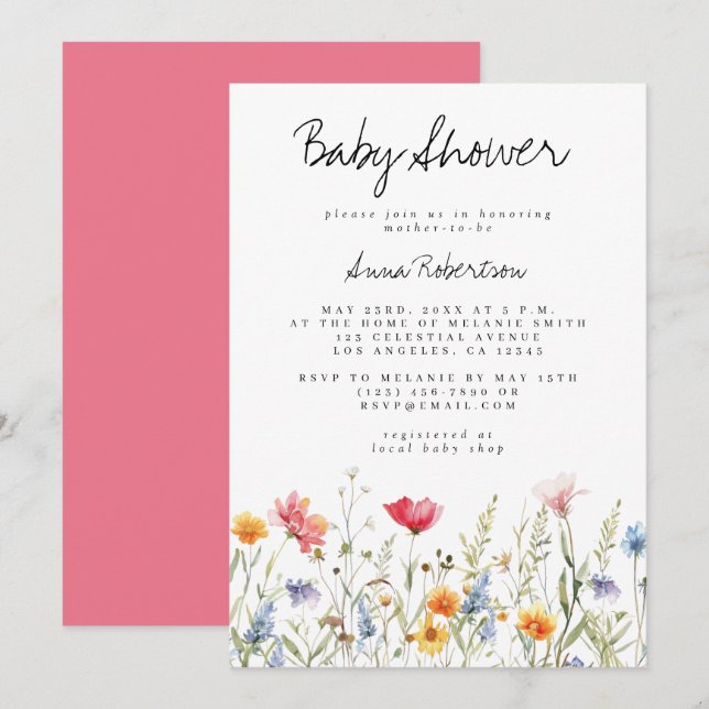 Invitación Watercolor Wildflower Baby Shower (Anverso / Reverso)