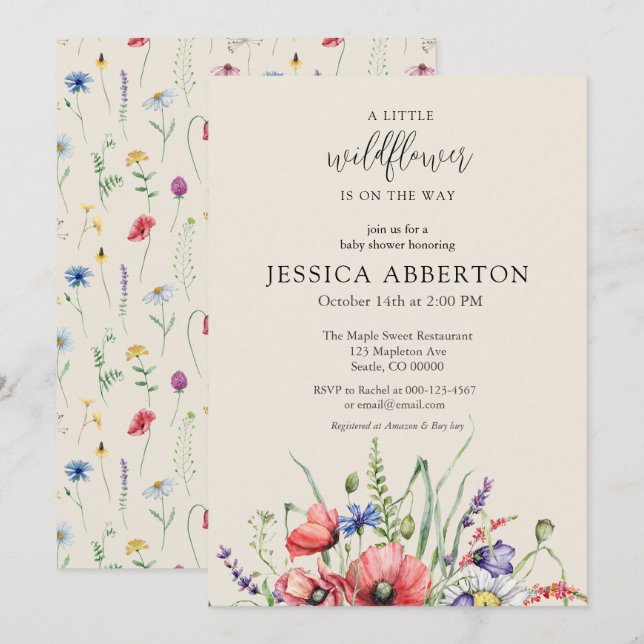 Invitación Watercolor Wildflower Baby Shower (Anverso / Reverso)