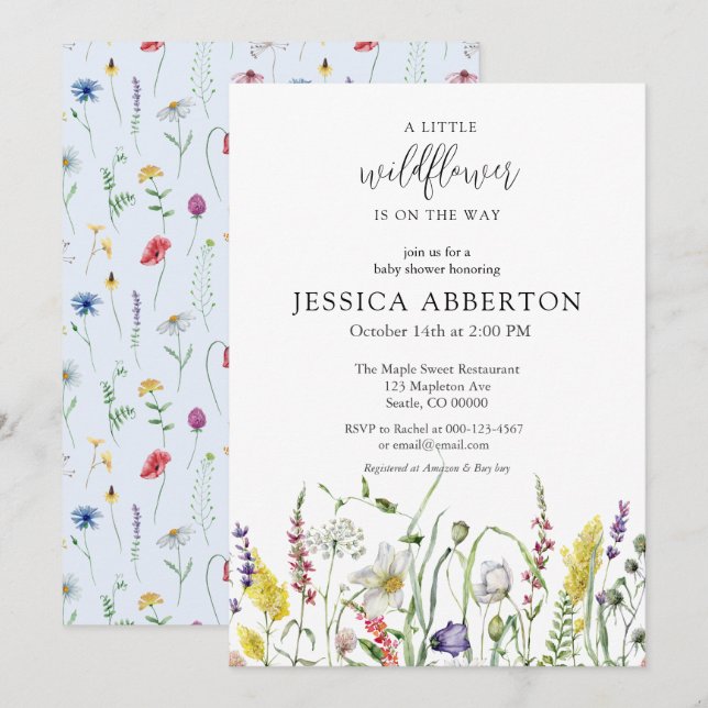 Invitación Watercolor Wildflower Baby Shower (Anverso / Reverso)