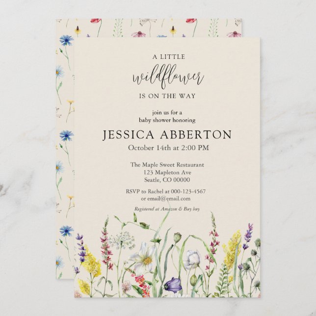 Invitación Watercolor Wildflower Baby Shower (Anverso / Reverso)