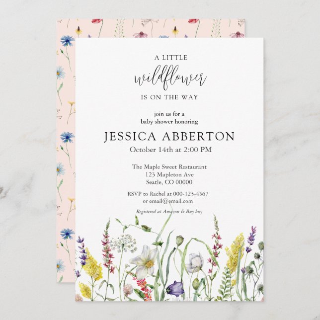 Invitación Watercolor Wildflower Baby Shower (Anverso / Reverso)